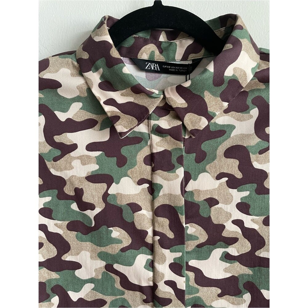 Zara camo cropped boxy button up shirt wide 3/4 sleeve XS - Picture 2 of 7